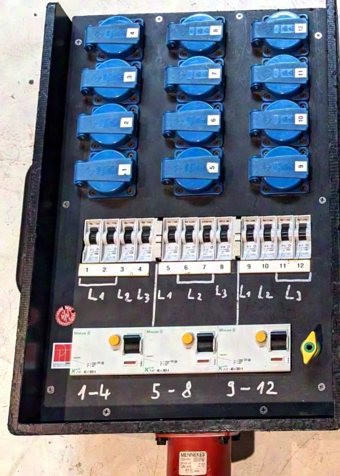 Stromverteiler, Kofferverteiler, Steckbrett 32A CEE > 12x 230V Schuko, Einzelabsicherung- C16 Automat, 3x RCD Moeller