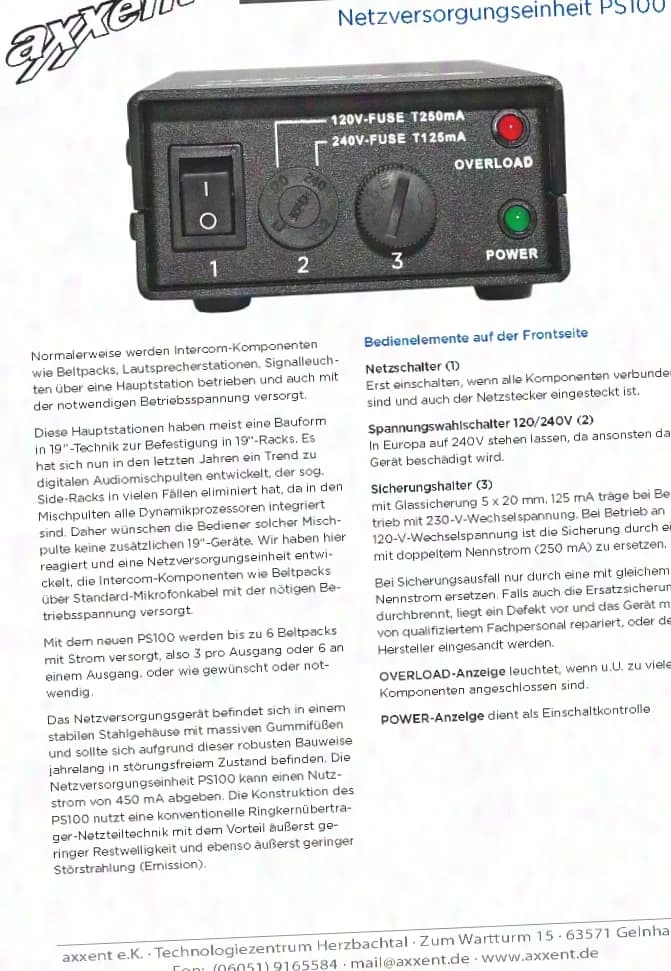 axxent PS100 Intercom Netzversorgungseinheit für Partyline-Intercom-Komponenten
